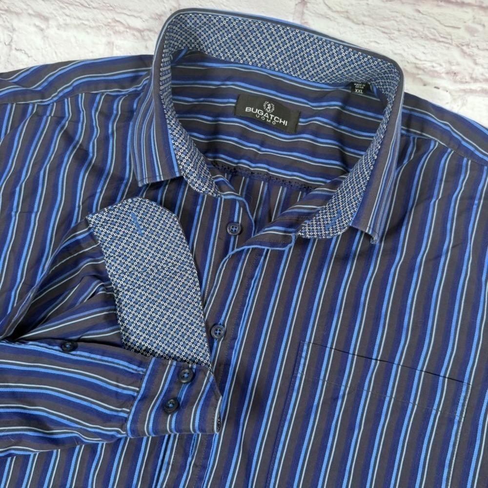 BUGATCHI‎ UOMO Men's XXL Blue Stripe Long Sleeve Flip Cuff Shirt 100% Cotton